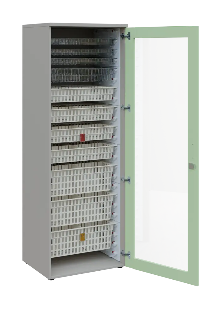 EUROMEDICA S - 66 skříň léková boxová, 1-dveřová/prosklená, pravá, 1950x660x535, korpus šedý, dvířka šedo-zelinkavá